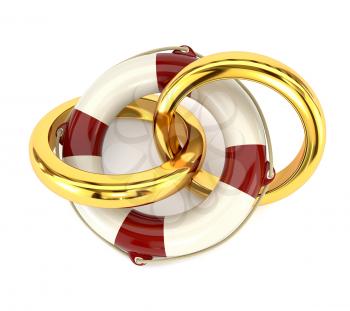 The concept of preservation of the family, wedding rings and a life buoy isolated on white background. Design family counseling services. 3d illustration.