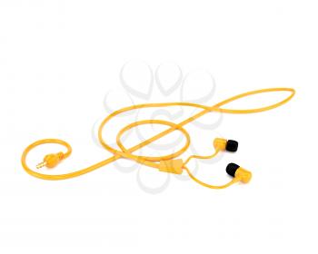 The music concept headphones with a yellow cable in the form of a treble clef isolated on white background. 3d illustration.