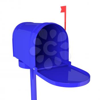 Open blue mailbox with letters on white background. 3D illustration, render