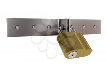 Gold padlock on the metal door isolated on white background. 3d illustration.