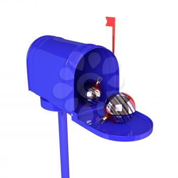 Blue open mailbox with Christmas balls on white background. 3D illustration.