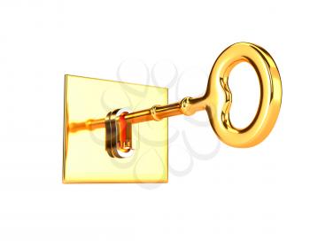 Golden key in keyhole isolated on white background. 3d illustration.