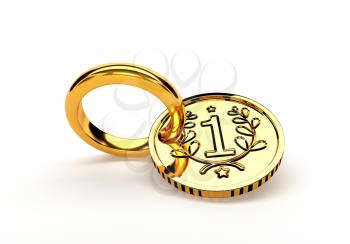 Wedding gold ring and coin isolated on white background. The concept of a marriage of convenience. 3d illustration.