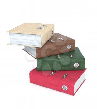 Pile multicolor leather folders binders isolated on white background. 3d illustration.