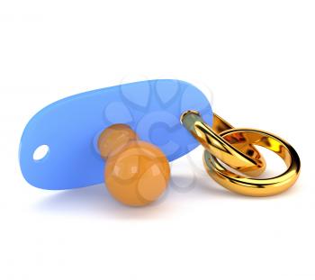 Wedding gold ring and pacifier isolated on white background. The concept of marriage and motherhood. 3d illustration.
