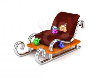 Santa's sleigh with multicolored Christmas balls isolated on a white background. The concept festive gift delivery. 3d illustration.