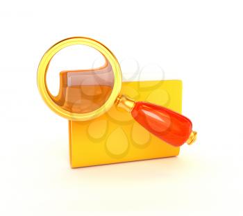 Retro magnifying glass icon and a golden yellow folder isolated on a white background. Seomarketing. 3d illustration.