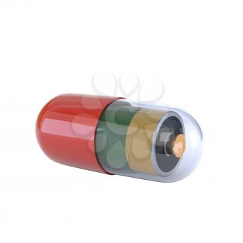 Capsule with an electric battery inside, isolated on white background. Concept tablets vitality and vigor. 3d illustration.