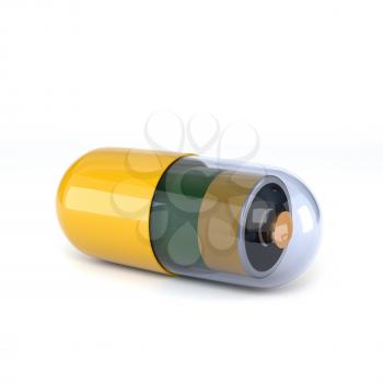 Yellow capsule with electric battery inside, isolated on white background. Concept tablets vitality and vigor. 3d illustration.