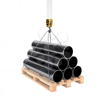 Icon pipe on a pallet with a crane hook isolated on white background. 3d illustration.