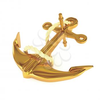 Gold anchor  with rope, isolated on a white background. 3d illustration.