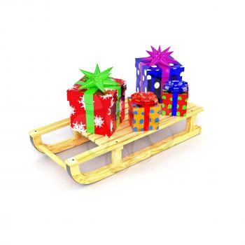 Multicolored Christmas presents on a wooden sledge Santa isolated on a white background. Design Christmas cards. 3d illustration.