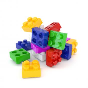 Set of multicolored plastic lego blocks isolated on a white background. 3d illustration.