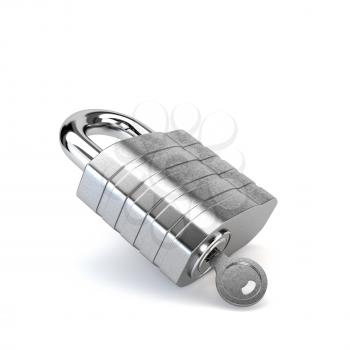 Chrome padlock with the key in the keyhole isolated on white background. 3d illustration.