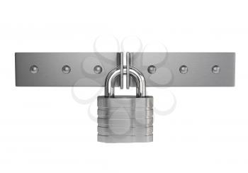 Chrome padlock on the metal door isolated on white background. 3d illustration.