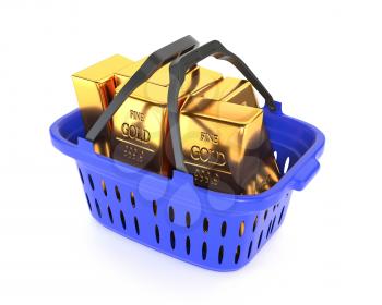 Plastic basket and gold bullion isolated on a white background. Gold and currency reserves. 3d illustration.