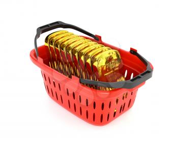 Red plastic basket and gold bullion isolated on a white background. Gold and currency reserves. 3d illustration.