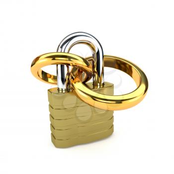 Golden wedding rings chained padlock isolated on white background. The concept of the family. 3d illustration.
