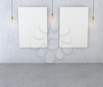 Mockup interior gallery. Paintings with a blank canvas and red lights in a room with gray walls. 3D-rendering