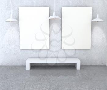 Mockup gallery interior. Paintings with a blank canvas and light gray walls plastered. White bench and lamp. 3D-rendering
