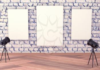 Mocap interior gallery. Rough wall of white brick. Light wooden parquet. Paintings with a blank canvas, illuminated by floodlights. 3d rendering.