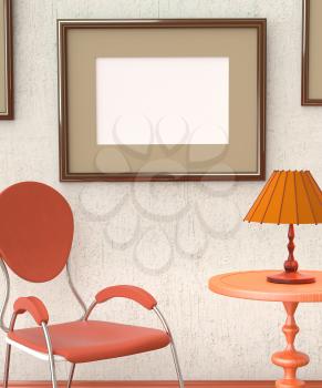Mocap home retro interior room. Room with furniture and a blank picture on the wall plaster, a chair and a coffee table with a lamp. 3D-rendering.