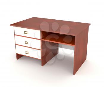 Writing desk isolated on white background. Wooden brown office table decorated with light paneling and brass fittings. 3D-rendering.