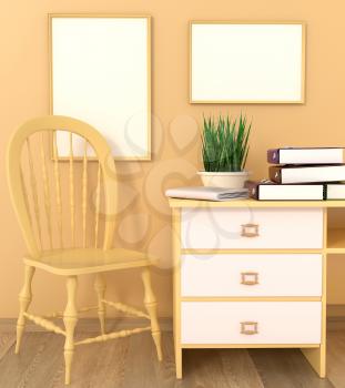 Mocap interior accounting office. Cabinet with beige walls. Light wooden table and chair on a light laminate. A stack of books, documents, folders. Green flower in a pot. 3d rendering.