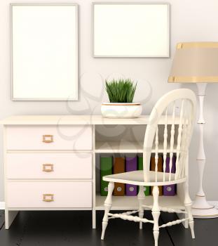 Mocap interior accounting office. Cabinet with white walls. White wooden table and chair on a dark flooring. A stack of books, documents, folders. Green flower in a pot. White lamp with a golden shade
