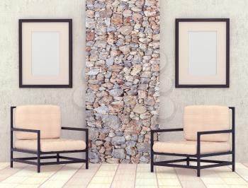 Mocap interior room. Room with gray plastered walls and bright floor tiles. Decorative stone panels. Light chair. Frames with a blank canvas. 3d rendering.