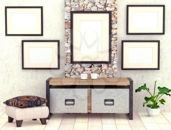 Mocap interior living room. Room with gray plastered walls and bright floor tiles. Decorative stone panels. Dark chair. Frames with a blank canvas. Coffee table with cups and a flower in a pot. 3d ren