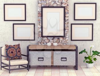 Mocap interior room. Room with gray stucco walls and bright floor plitkoya. Decorative stone panel. Frames with a blank canvas. Coffee table with cups and a flower in a pot. Soft armchair and bright p