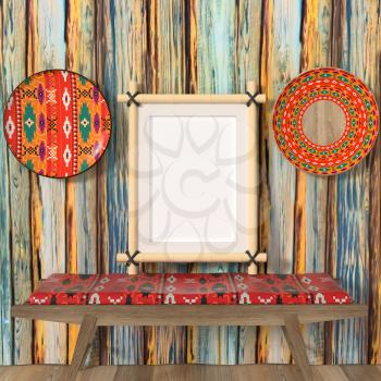Mocap ethnic interior of the home. The painted ornament traditional African dishes on the wooden walls. Bench with a veil in tribal style. 3d rendering.