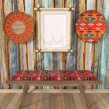 Bright interior mocap ethno home. The painted ornament traditional African dishes on the wooden walls. Bench with a veil in tribal style. 3d rendering.