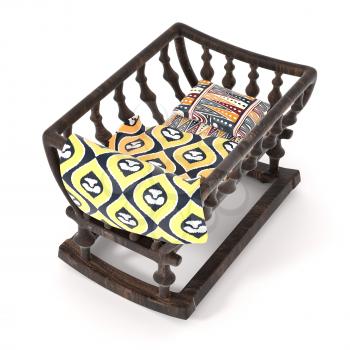 Vintage wooden cradle isolated on white background. Bright baby blanket and a pillow with a traditional African pattern. 3d rendering.