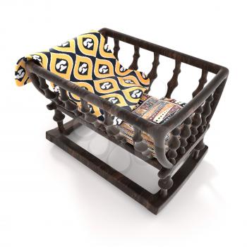 Children old wooden cradle on white background. Bright baby blanket, a mattress and a pillow with a traditional African pattern. 3D-rendering.