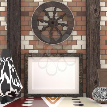 Mocap ethnic interior. Wooden wheel on a brick wall with wooden beams, a traditional African tribal style. Painted vases with ethnic ornament and empty frame on the wall. 3d rendering.