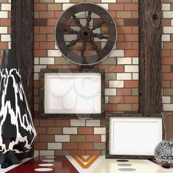Mocap ethnic interior. Wooden wheel on a brick wall with wooden beams, a traditional African tribal style. Painted vases with ethnic ornament and two empty frame on the wall. 3d rendering.