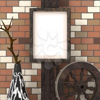 Mocap ethnic interior. Empty picture on a wooden beam, a traditional African tribal style. Painted vase with ethnic ornaments and wooden wheel on a background of brick wall. 3d rendering.
