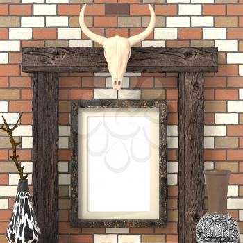 Mocap ethnic interior. Blank picture on a brick wall. Painted vases with ethnic ornaments and skull of a bull on wooden beams. Traditional African tribal style. 3d rendering.