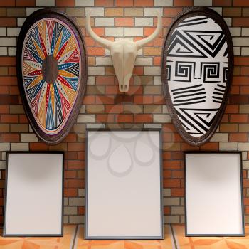Mocap African interior gallery. Blank picture on a brick wall. Skull bull and shields painted with traditional African patterns on the brick wall. 3d rendering.