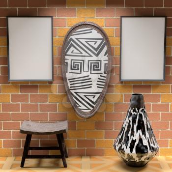 Mocap African interior living room. Empty paintings and shield with African patterns on the brick wall. Wooden chair and a vase on the bright floor tiles. 3d rendering.