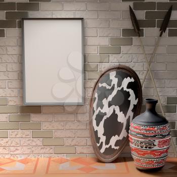 Mocap African interior. Blank picture, and a shield with the skin of an animal, a vase with African ornaments. Spears on a gray brick wall. 3d rendering.