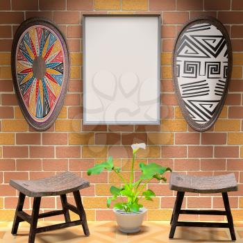 Mocap African interior living room. Empty paintings and shield with African patterns on the brick wall. Two wooden chair and a vase on the bright floor tiles. 3d rendering.