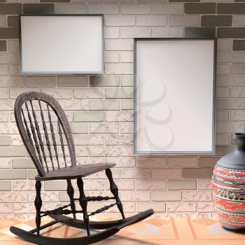 Mocap African interior. Wooden rocking chair and a large vase with a traditional African pattern. Blank picture on the gray brick wall. 3D-rendering.