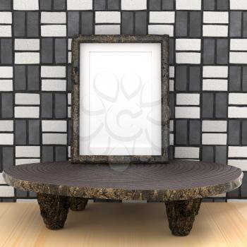 Mocap ethnic interior. Round wooden table and frame. Black and white tiles on the walls. 3d rendering.