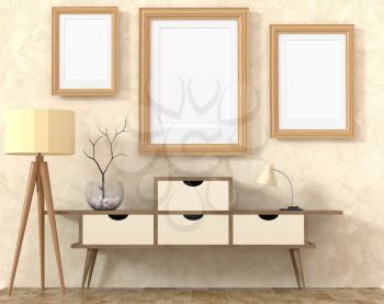 Mock up retro interior. Light wooden cabinet with dark legs and a tree in a glass vase, light floor lamp on a light laminate. A lot of pictures with a blank canvas. 3d rendering