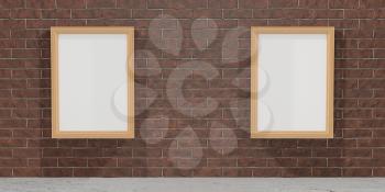 Mock up interior. Brown brick wall with empty pictures. 3d rendering
