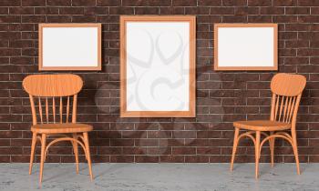 Mock up the interior of the gallery. Brick wall paintings and wooden chairs. 3d rendering