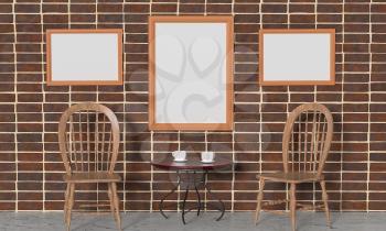Mock up interior. Brick wall, coffee table with cups, paintings and wooden chairs. 3d rendering